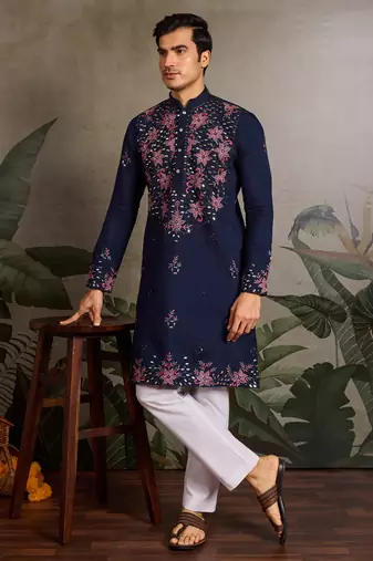 Navy blue viscose silk real mirror with thread & sequence embroidered work kurta only