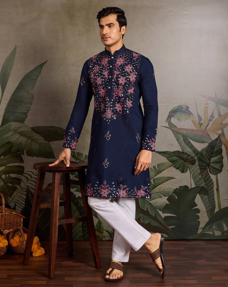 Navy blue viscose silk real mirror with thread & sequence embroidered work kurta only