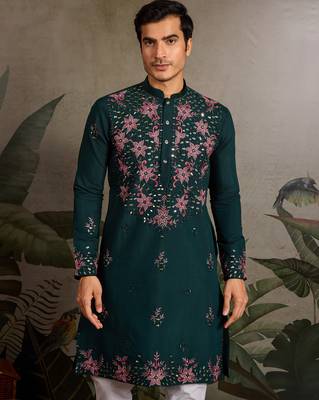 Green viscose silk real mirror with thread & sequence embroidered work kurta only 3