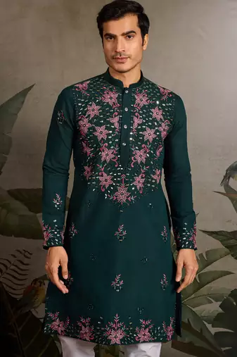 Green viscose silk real mirror with thread & sequence embroidered work kurta only