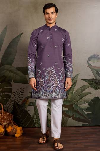 Dusta purple viscose silk thread with sequence embroidered work kurta only
