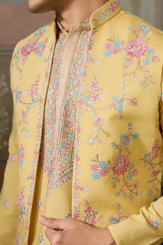 Yellow viscose silk multi thread with sequence embroidered work kurta jacket & bottom