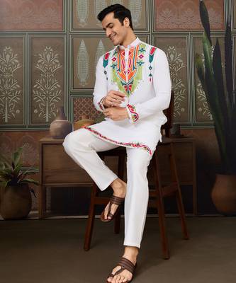 White pure cotton real mirror with multi thread work kurta only 2
