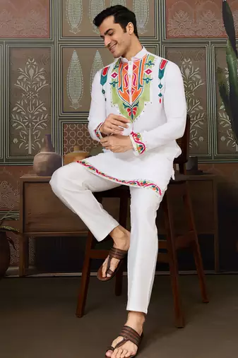 White pure cotton real mirror with multi thread work kurta only