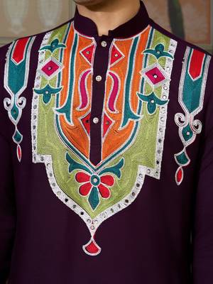 Purple pure cotton real mirror with multi thread work kurta only 5