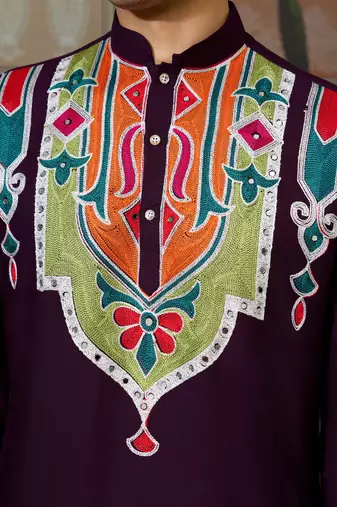 Purple pure cotton real mirror with multi thread work kurta only