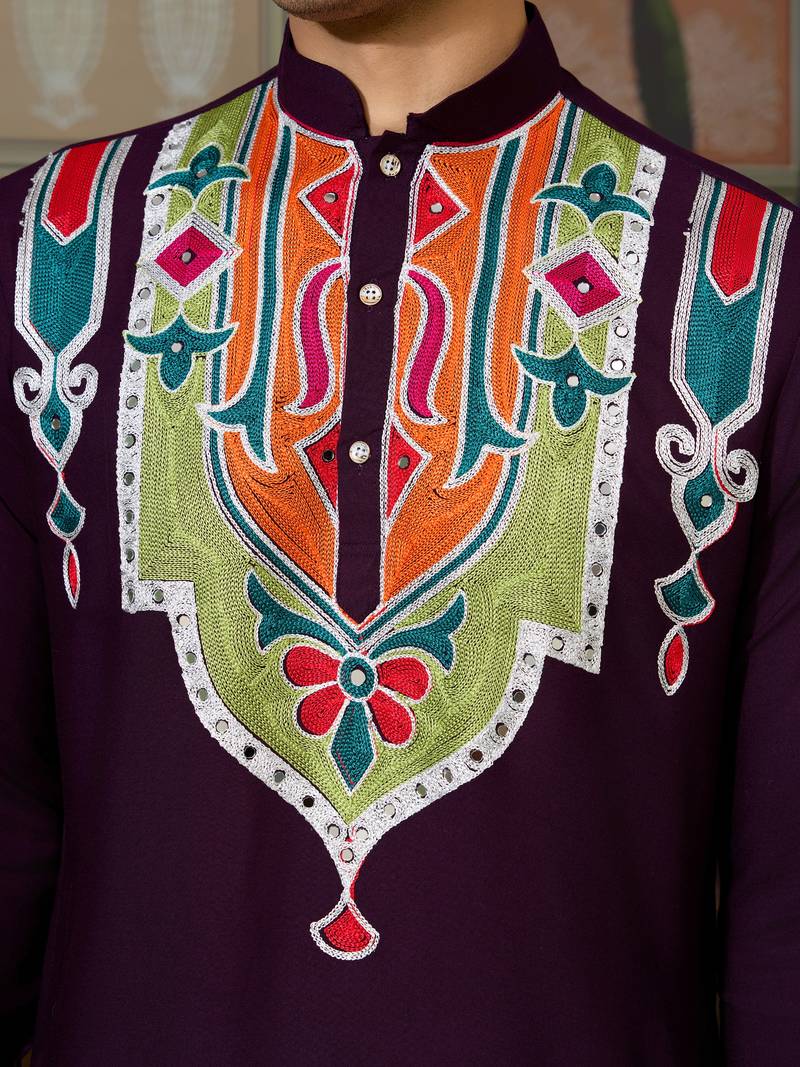 Purple pure cotton real mirror with multi thread work kurta only