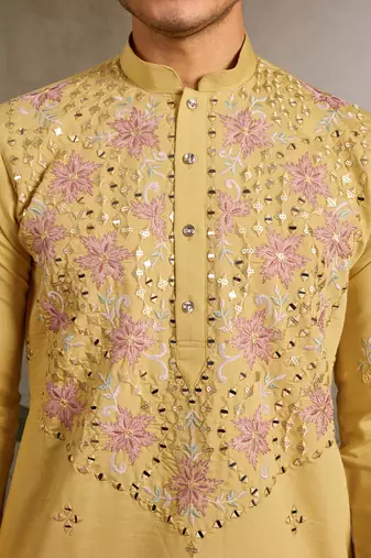 Yellow viscose silk real mirror with thread & sequence embroidered work kurta only