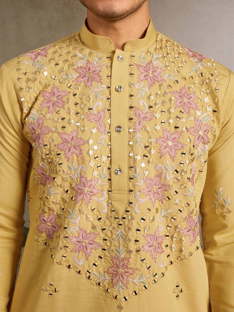 Yellow viscose silk real mirror with thread & sequence embroidered work kurta only
