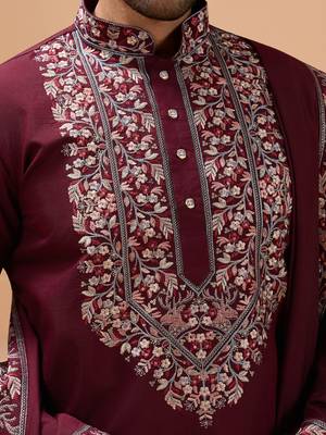 Maroon viscose silk thread with sequence embroidered work kurta with dupatta 5