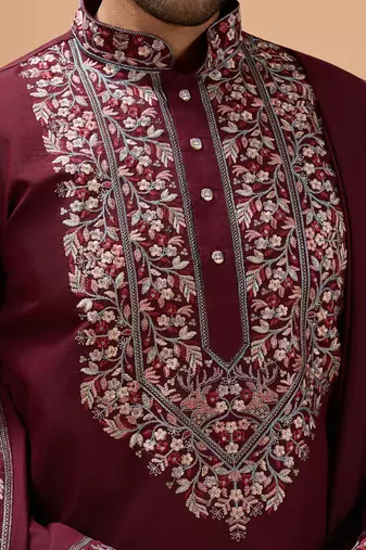 Maroon viscose silk thread with sequence embroidered work kurta with dupatta
