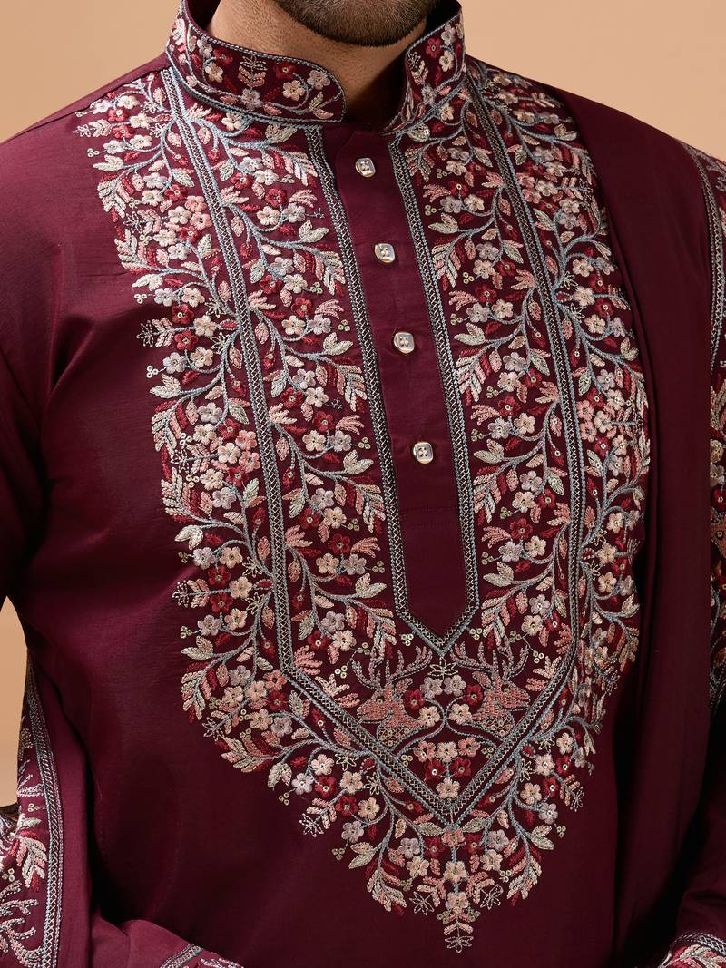 Maroon viscose silk thread with sequence embroidered work kurta with dupatta