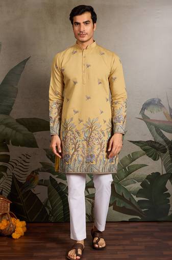 Yellow viscose silk thread with sequence embroidered work kurta only