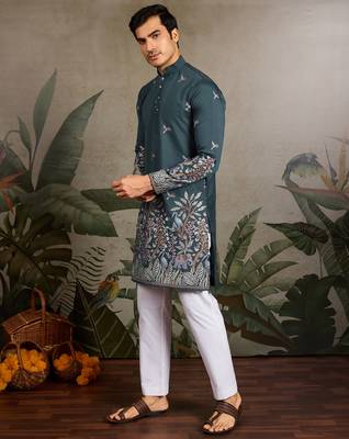 Green viscose silk thread with sequence embroidered work kurta only 2