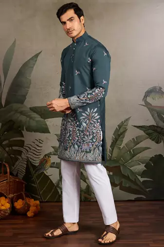 Green viscose silk thread with sequence embroidered work kurta only