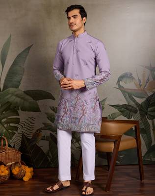 Lavender viscose silk thread with sequence embroidered work kurta only 1