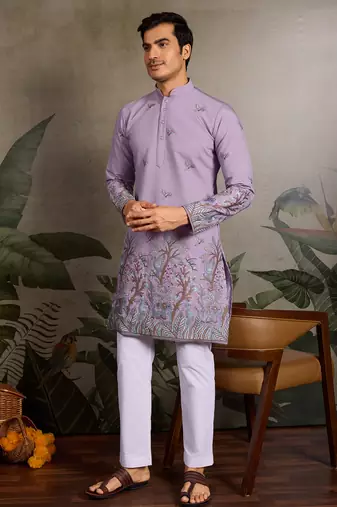 Lavender viscose silk thread with sequence embroidered work kurta only