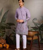 Lavender viscose silk thread with sequence embroidered work kurta only