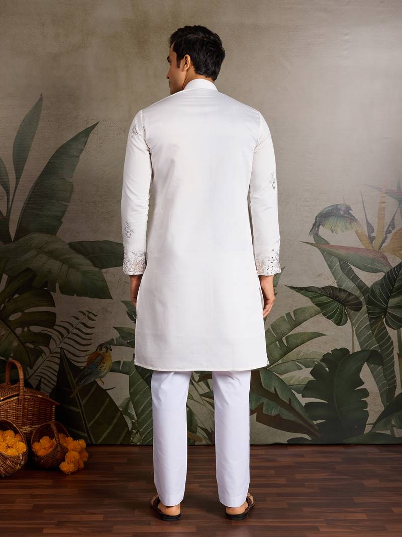 White viscose silk real mirror with thread & sequence embroidered work kurta only