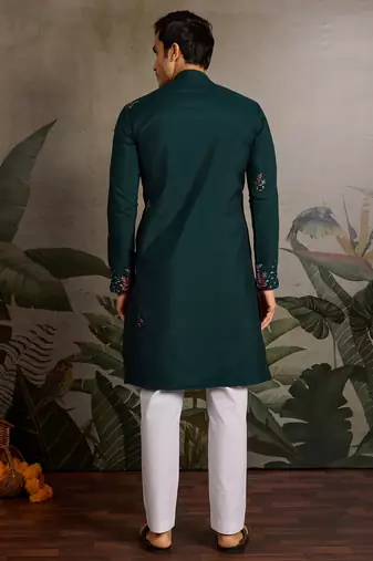Green viscose silk real mirror with thread & sequence embroidered work kurta only