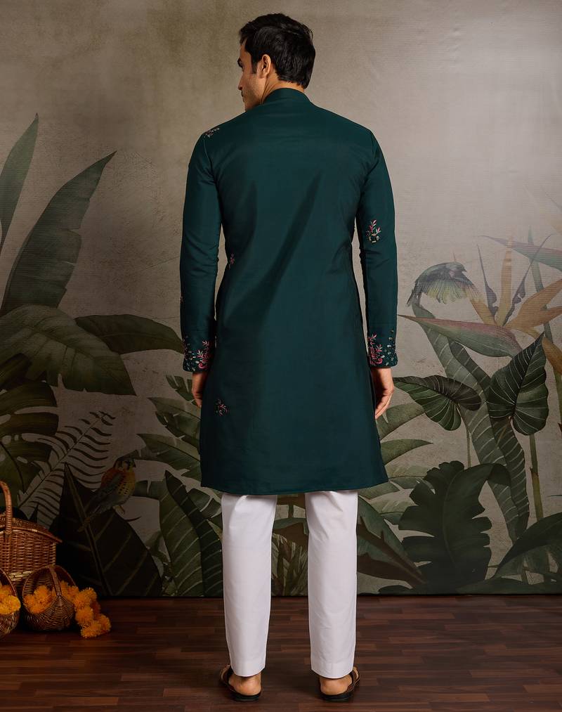 Green viscose silk real mirror with thread & sequence embroidered work kurta only