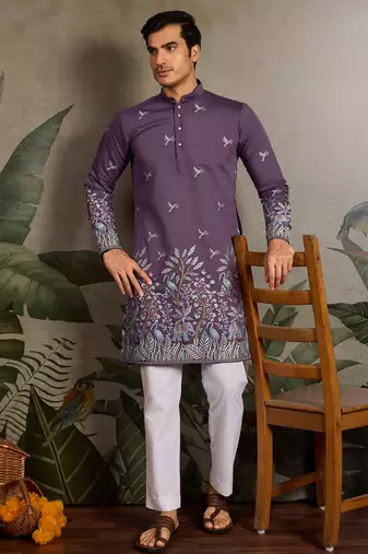 Dusta purple viscose silk thread with sequence embroidered work kurta only
