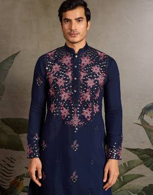 Navy blue viscose silk real mirror with thread & sequence embroidered work kurta only 3