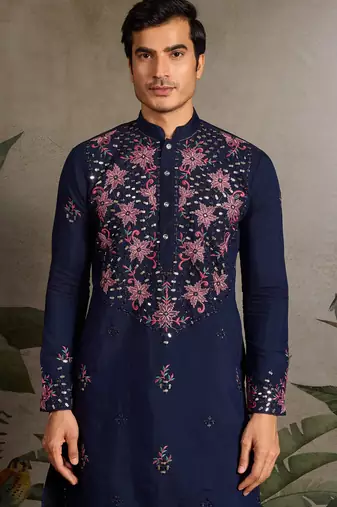Navy blue viscose silk real mirror with thread & sequence embroidered work kurta only