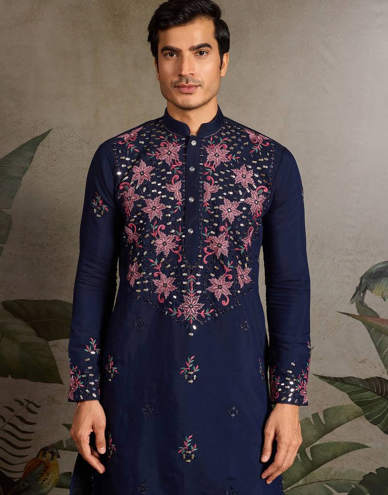 Navy blue viscose silk real mirror with thread & sequence embroidered work kurta only