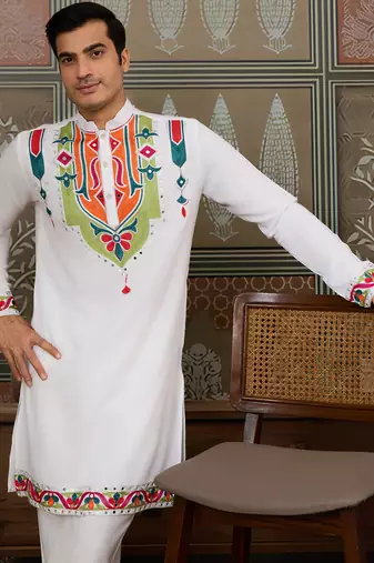 White pure cotton real mirror with multi thread work kurta only