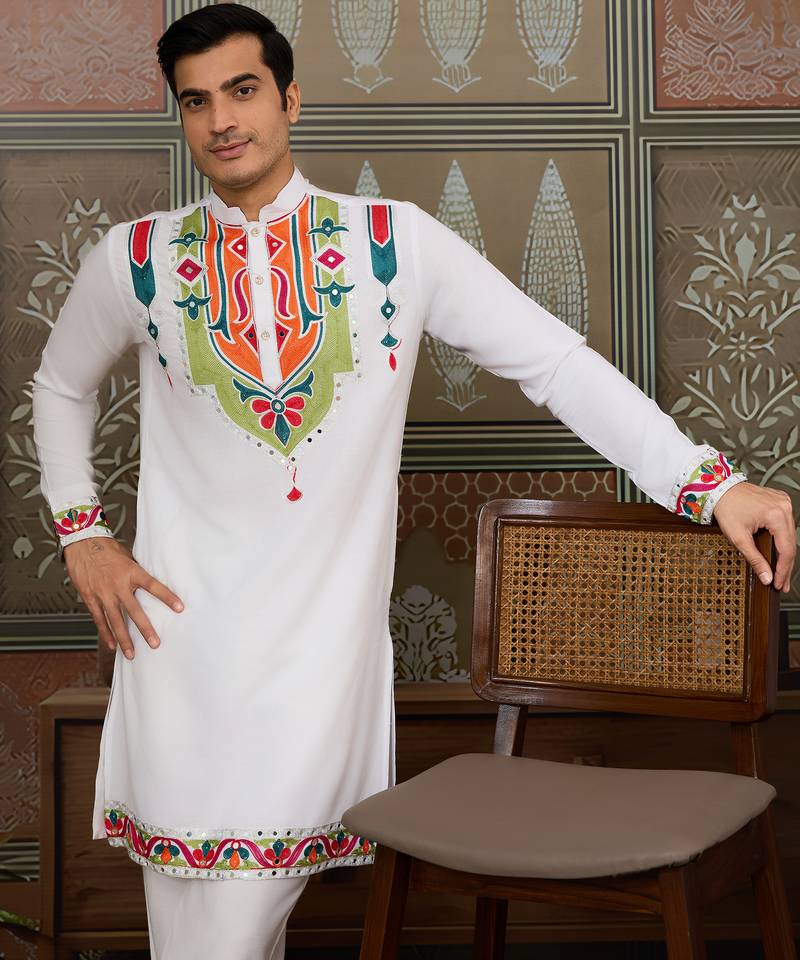 White pure cotton real mirror with multi thread work kurta only
