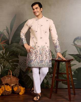 Beige viscose silk thread with sequence embroidered work kurta only 1