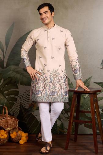 Beige viscose silk thread with sequence embroidered work kurta only