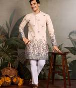 Beige viscose silk thread with sequence embroidered work kurta only