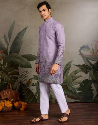 Lavender viscose silk thread with sequence embroidered work kurta only 2