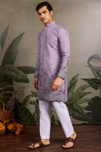 Lavender viscose silk thread with sequence embroidered work kurta only