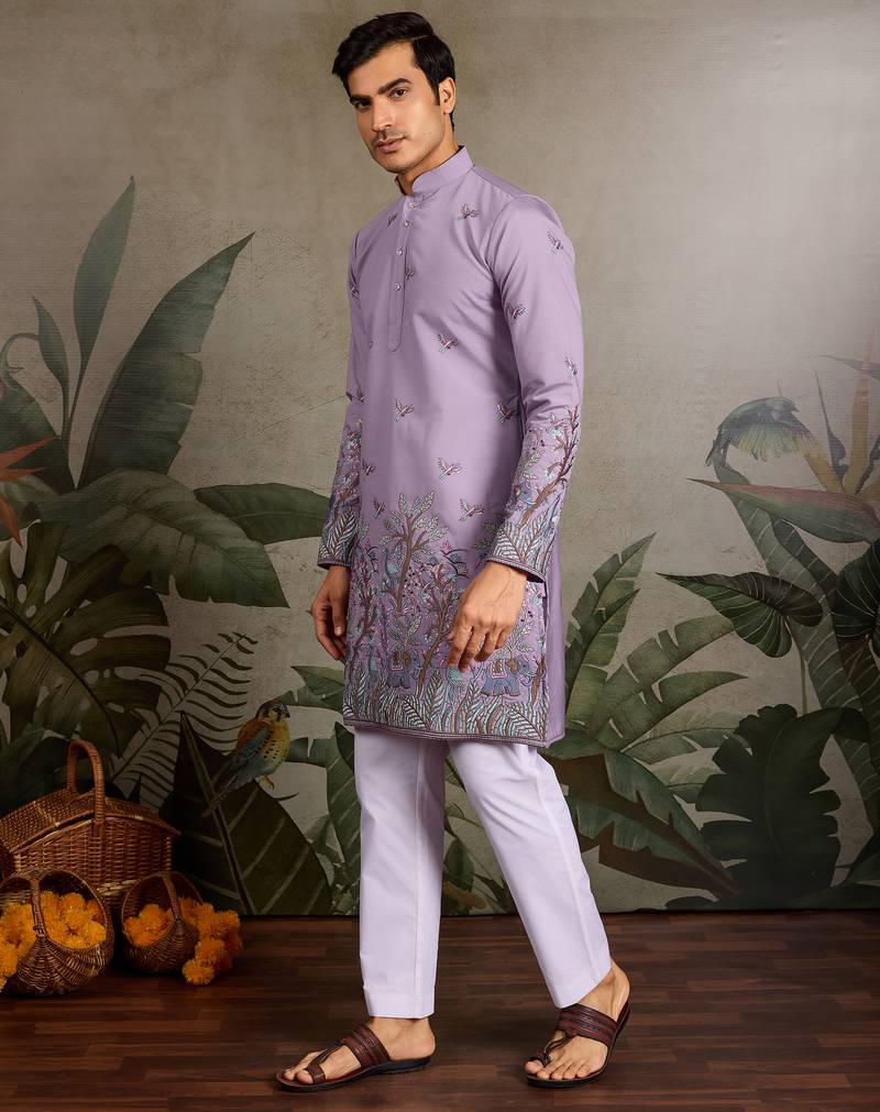 Lavender viscose silk thread with sequence embroidered work kurta only