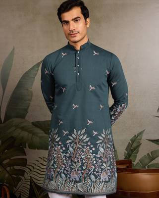 Green viscose silk thread with sequence embroidered work kurta only 3