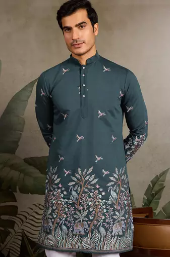 Green viscose silk thread with sequence embroidered work kurta only