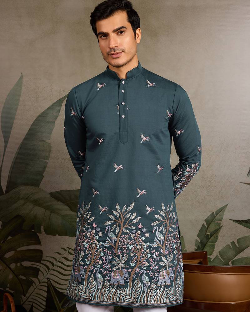 Green viscose silk thread with sequence embroidered work kurta only