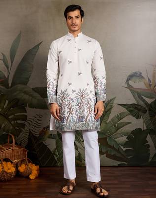 White viscose silk thread with sequence embroidered work kurta only 1