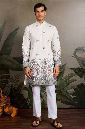 White viscose silk thread with sequence embroidered work kurta only
