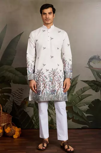 White viscose silk thread with sequence embroidered work kurta only