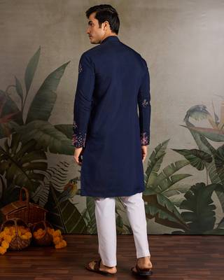 Navy blue viscose silk real mirror with thread & sequence embroidered work kurta only 4