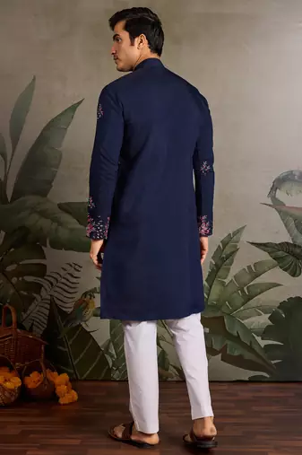 Navy blue viscose silk real mirror with thread & sequence embroidered work kurta only