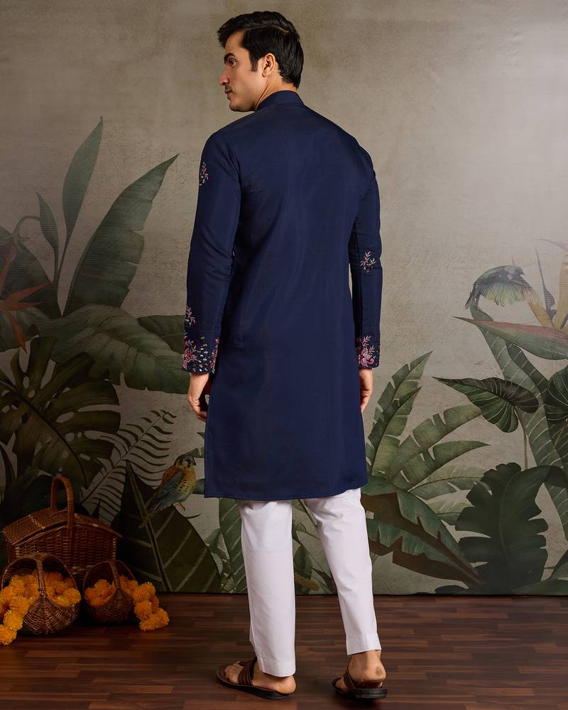 Navy blue viscose silk real mirror with thread & sequence embroidered work kurta only