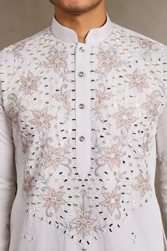 White viscose silk real mirror with thread & sequence embroidered work kurta only