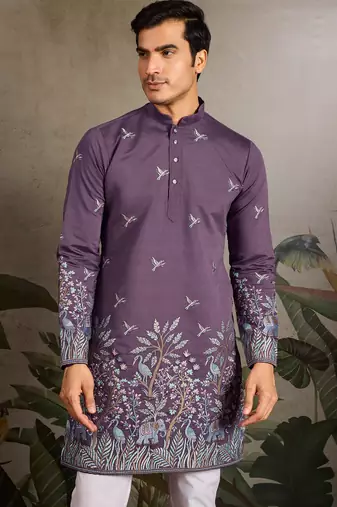Dusta purple viscose silk thread with sequence embroidered work kurta only