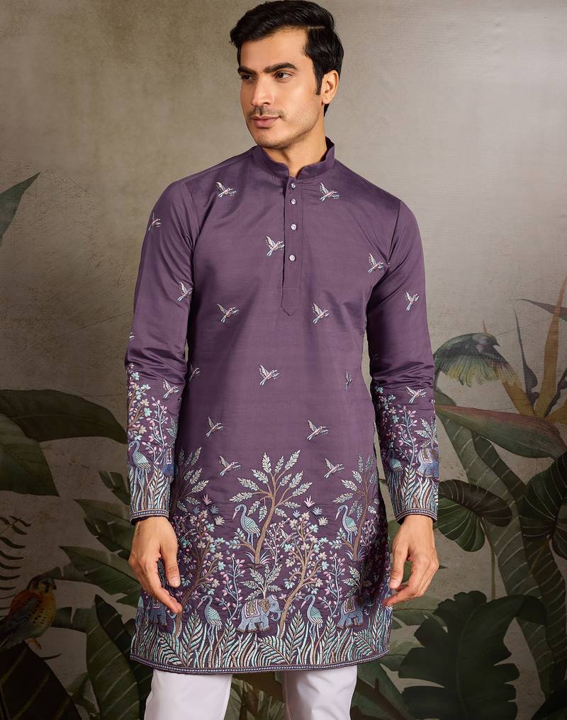 Dusta purple viscose silk thread with sequence embroidered work kurta only