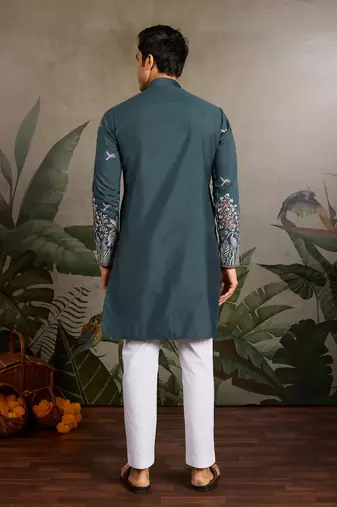 Green viscose silk thread with sequence embroidered work kurta only